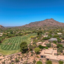 A view of a golf course from above.